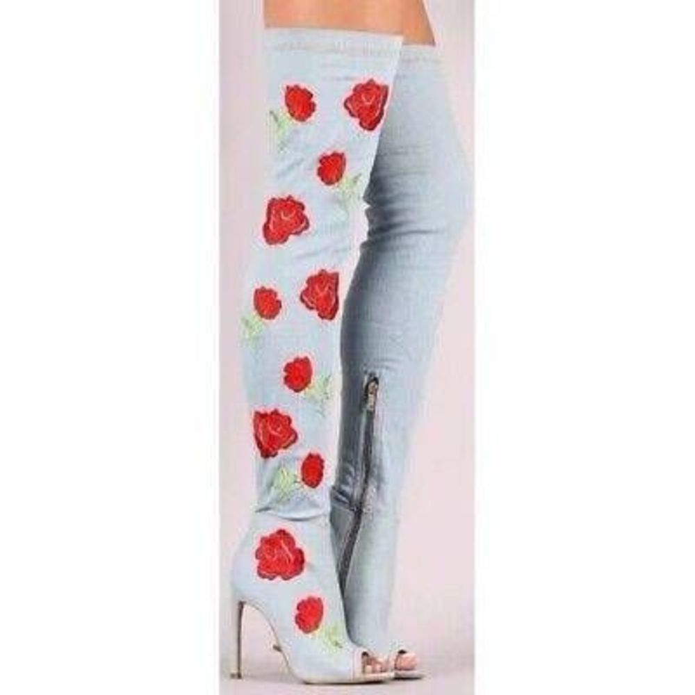 Herstyle Denim Stretch Thigh High Embroidered Roses Open Toe Stiletto He…